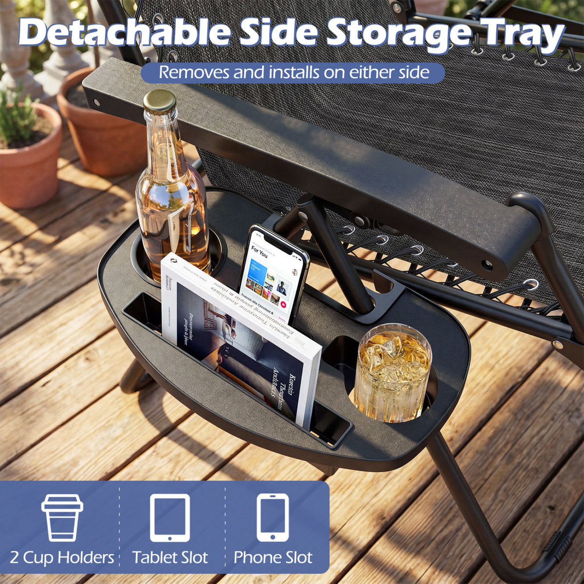 Portable Zero Gravity Chairs with Cup Holder Trays and Backrest Set