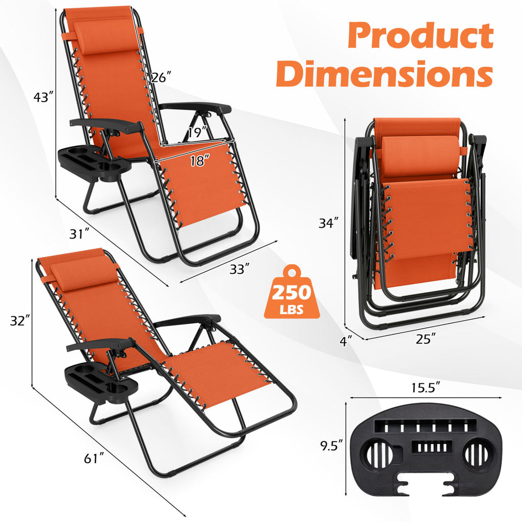Portable Zero Gravity Chairs with Cup Holder Trays and Backrest Set