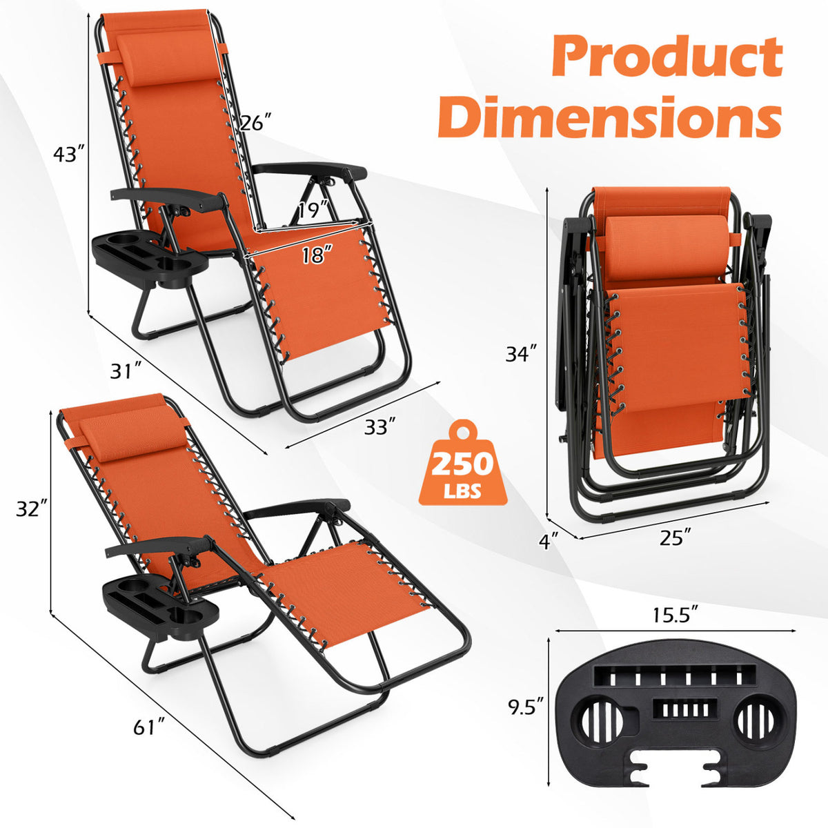 Portable Zero Gravity Chairs with Cup Holder Trays and Backrest Set