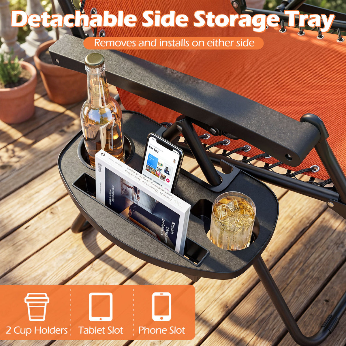 Portable Zero Gravity Chairs with Cup Holder Trays and Backrest Set
