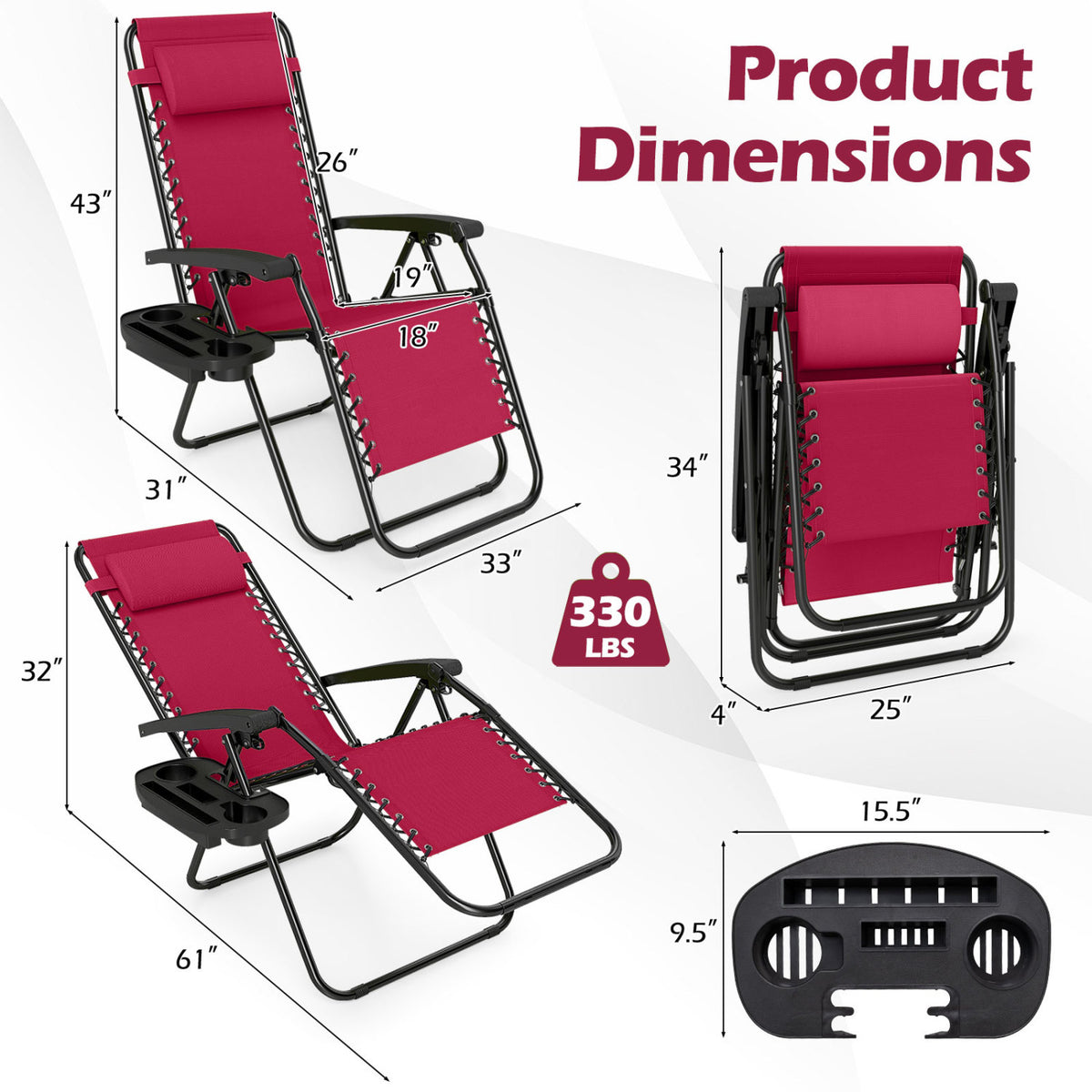 Portable Zero Gravity Chairs with Cup Holder Trays and Backrest