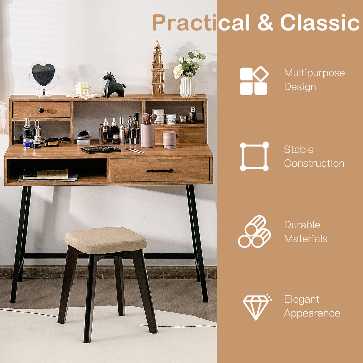 42-Inch Vanity Desk with Shelf and Drawers, Natural