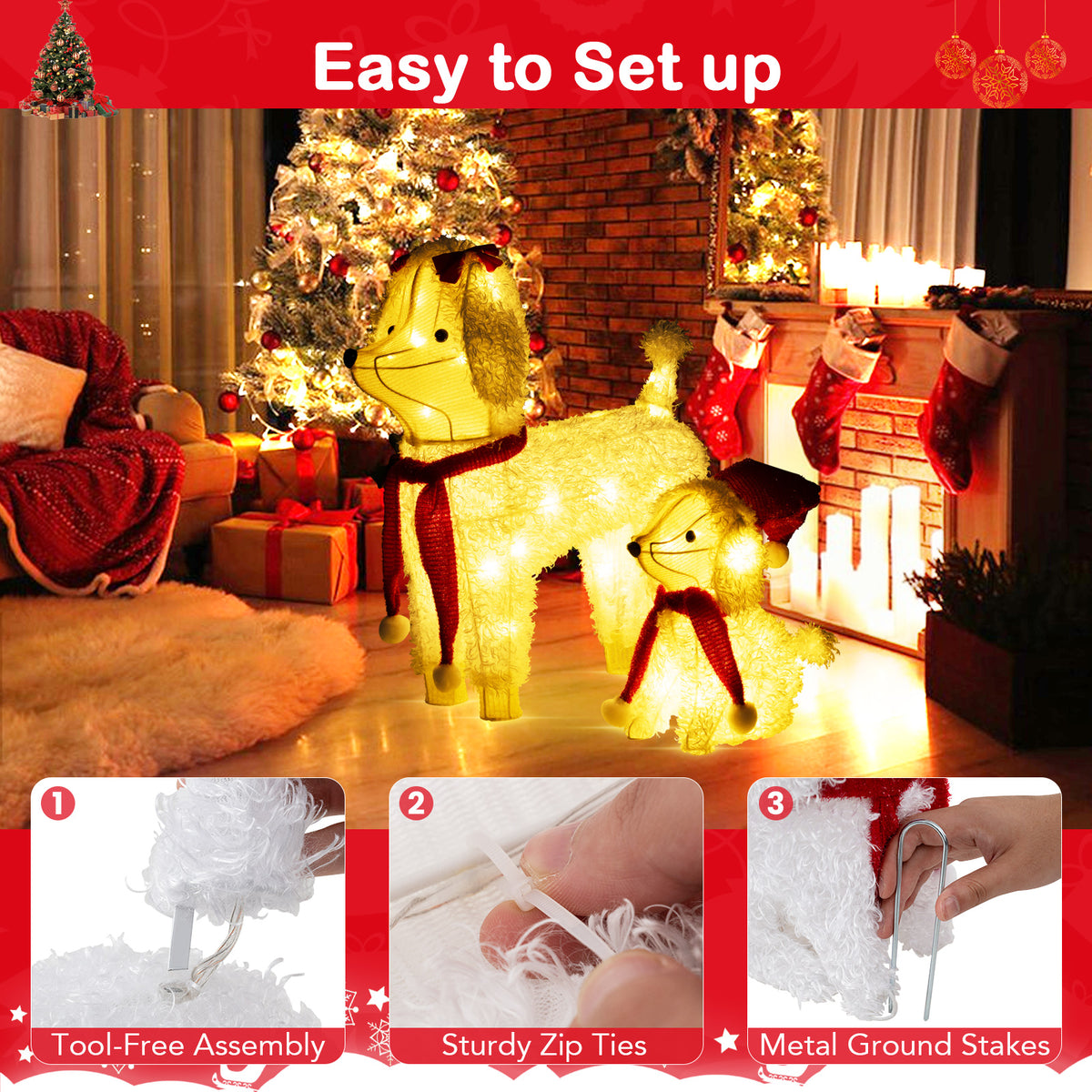 Pre-Lit Poodle Dog Christmas Decor with 60 LED Lights for Indoor Outdoor
