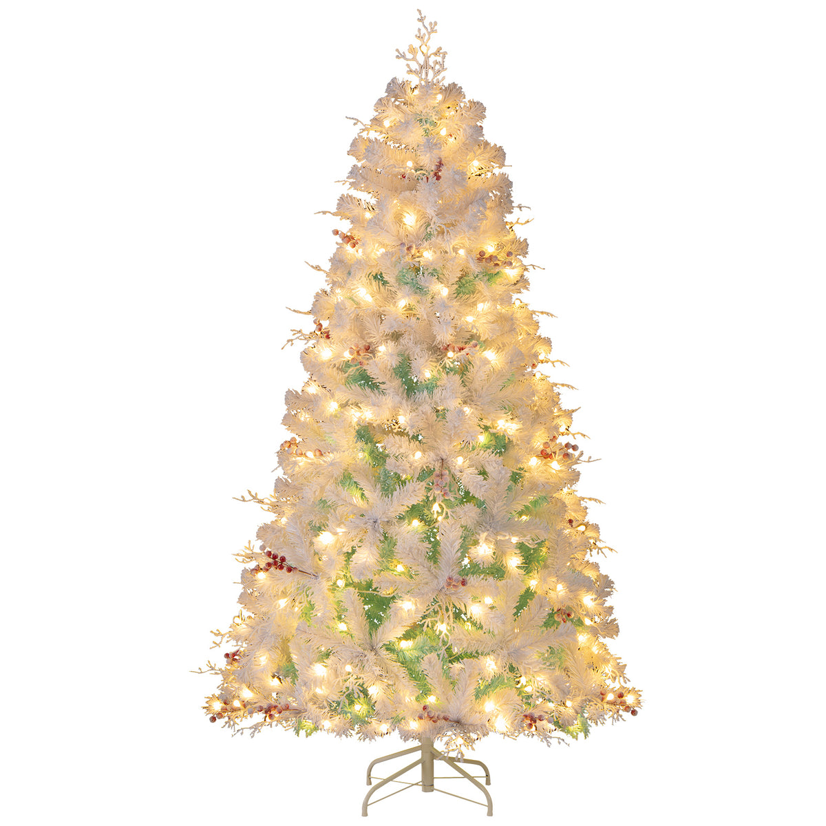 Costway 6 & 7 Ft Pre-Lit Artificial Christmas Tree with Snow Flocked Tips - Frosted Berries & LED Lights