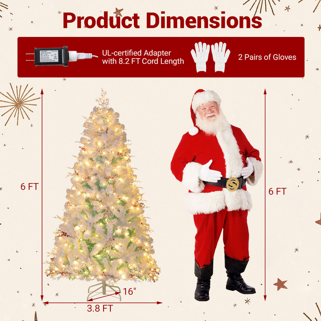 Costway 6 & 7 Ft Pre-Lit Artificial Christmas Tree with Snow Flocked Tips - Frosted Berries & LED Lights