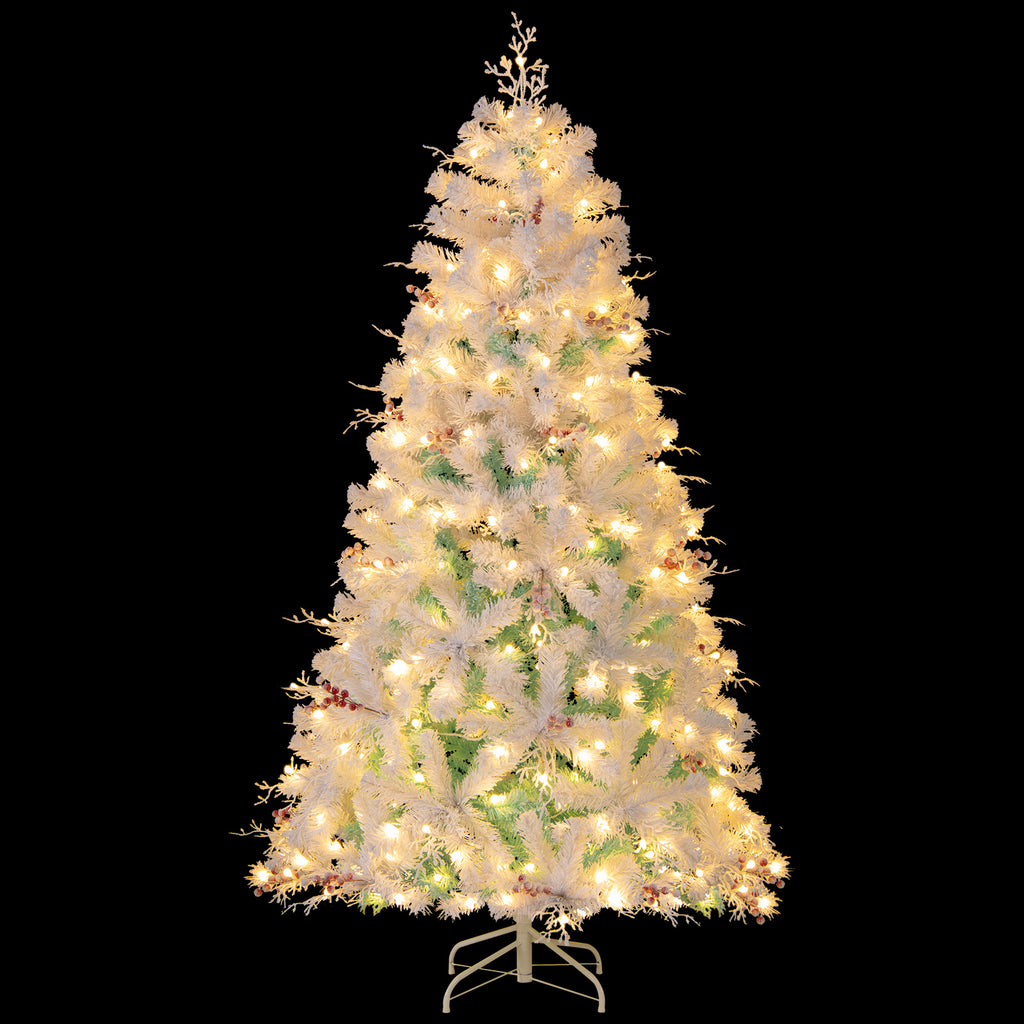 Costway 6 & 7 Ft Pre-Lit Artificial Christmas Tree with Snow Flocked Tips - Frosted Berries & LED Lights