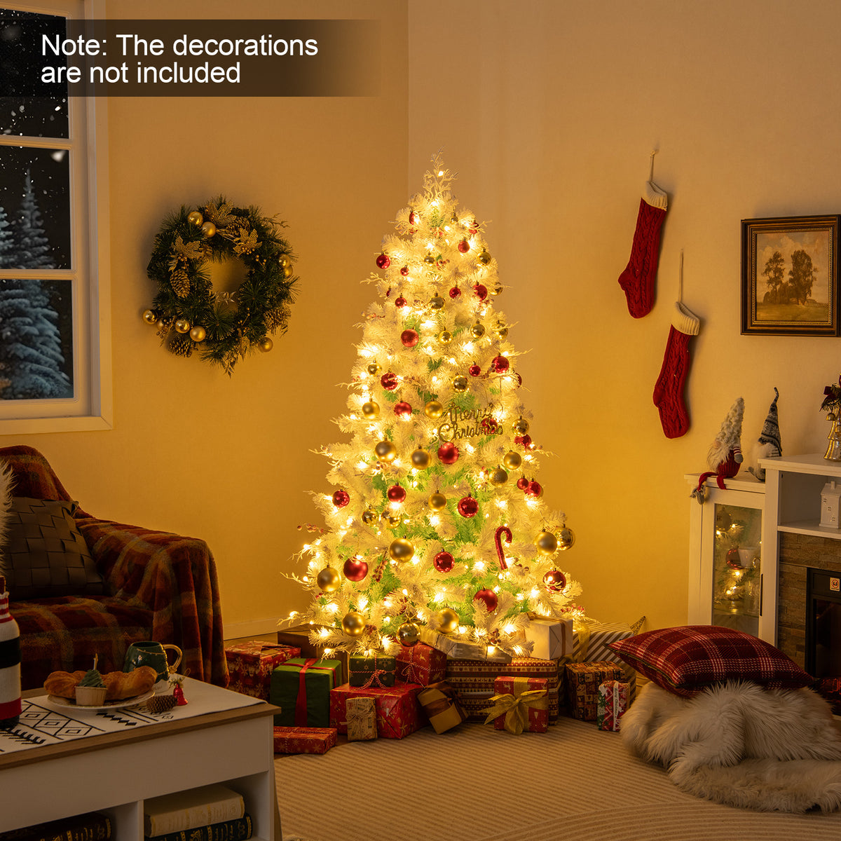 Costway 6 & 7 Ft Pre-Lit Artificial Christmas Tree with Snow Flocked Tips - Frosted Berries & LED Lights