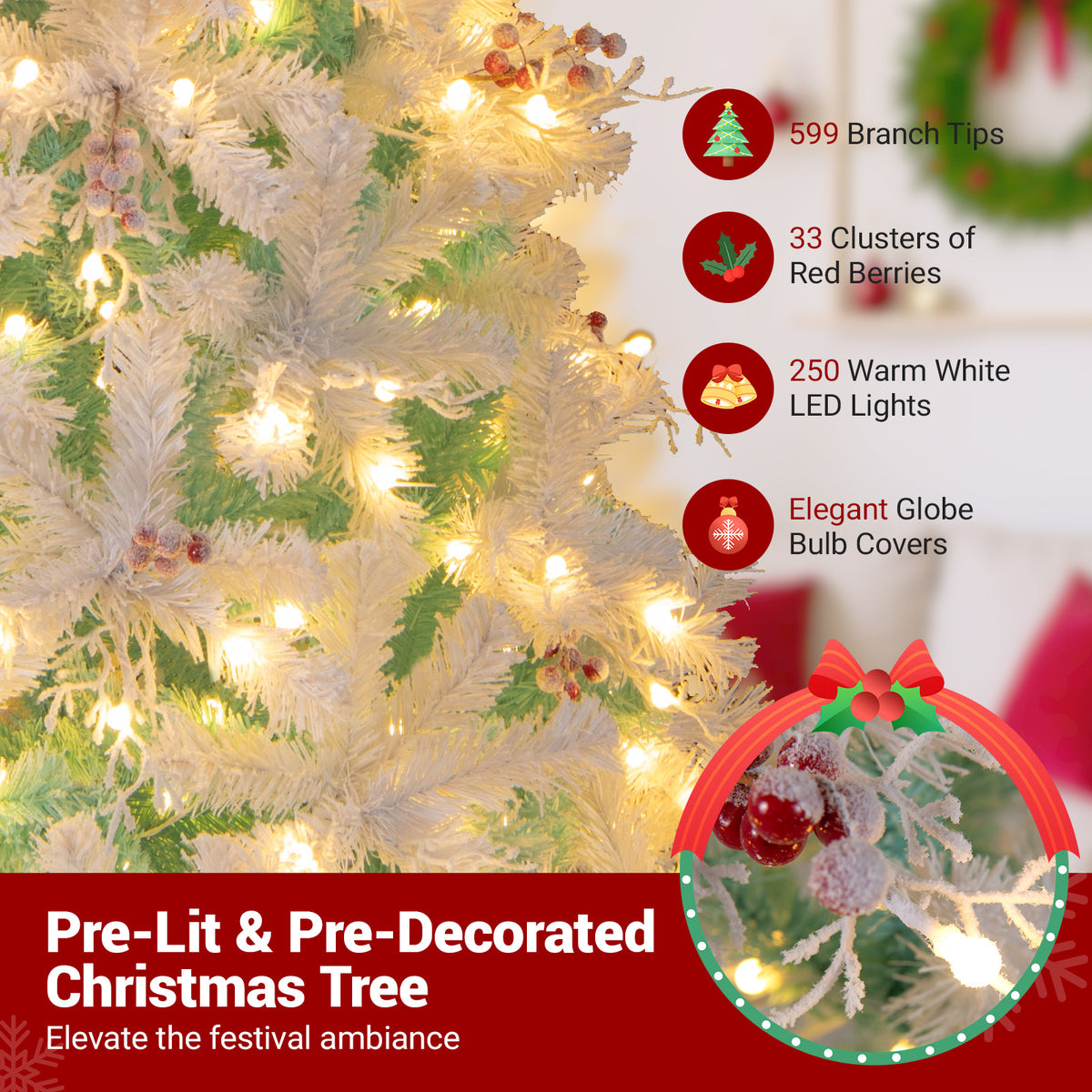 Costway 6 & 7 Ft Pre-Lit Artificial Christmas Tree with Snow Flocked Tips - Frosted Berries & LED Lights