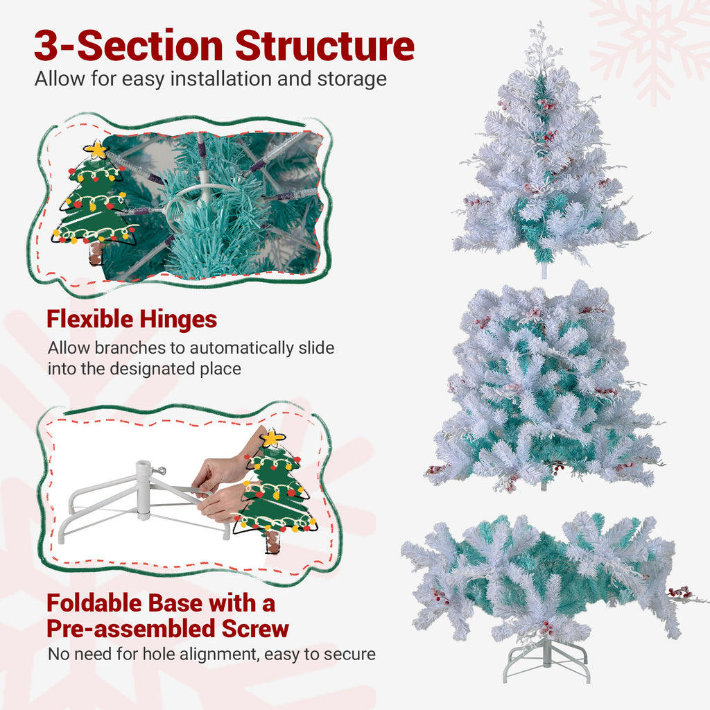 Costway 6 & 7 Ft Pre-Lit Artificial Christmas Tree with Snow Flocked Tips - Frosted Berries & LED Lights