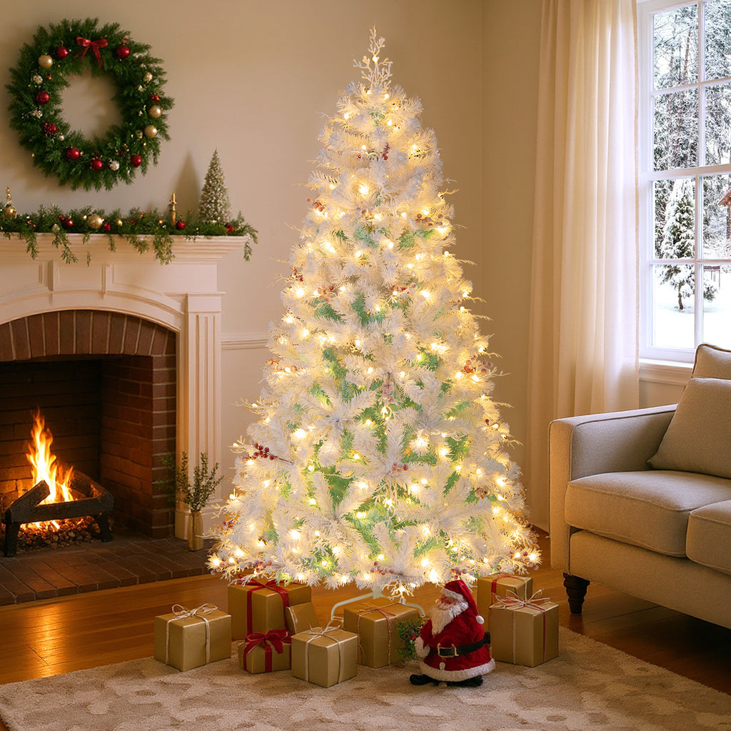 Costway 6 & 7 Ft Pre-Lit Artificial Christmas Tree with Snow Flocked Tips - Frosted Berries & LED Lights