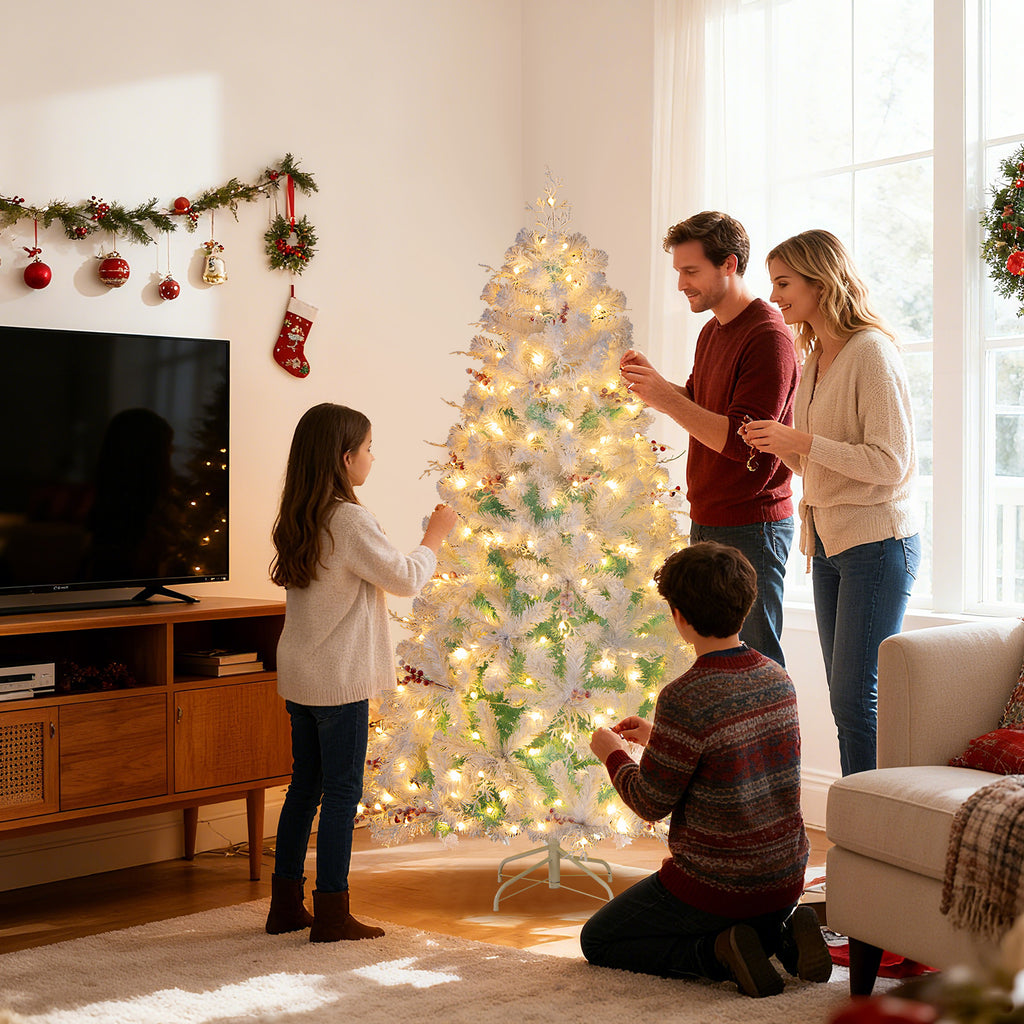 Costway 6 & 7 Ft Pre-Lit Artificial Christmas Tree with Snow Flocked Tips - Frosted Berries & LED Lights