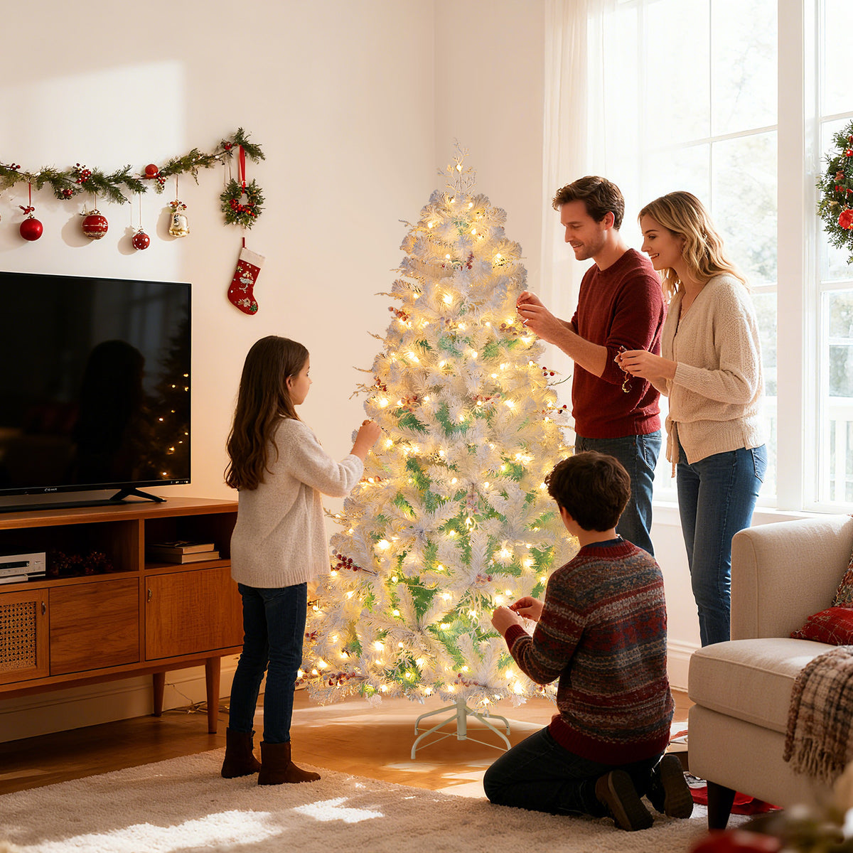 Costway 6 & 7 Ft Pre-Lit Artificial Christmas Tree with Snow Flocked Tips - Frosted Berries & LED Lights