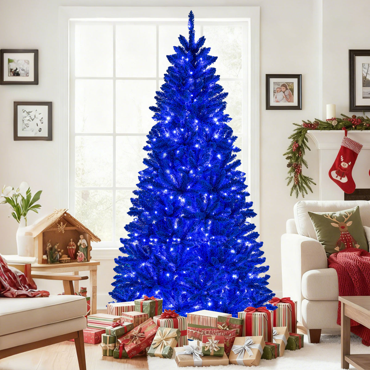 7 ft Blue Pre-Lit Artificial Christmas Tree with 340 LED Lights & 3 Modes
