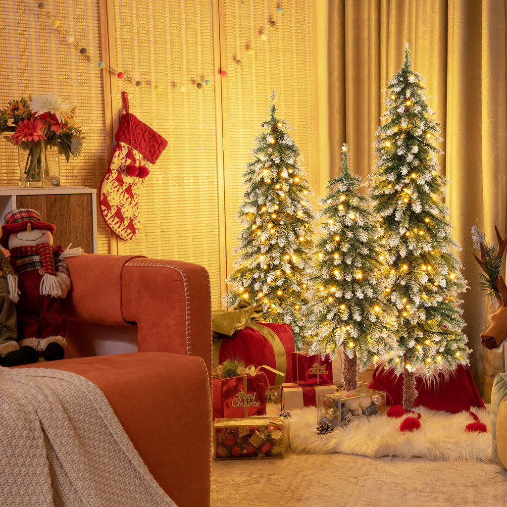 Pre-Lit Christmas Tree Set of 3 - Slim Snowy Artificial Trees with LED Lights - Variation of THIS listing