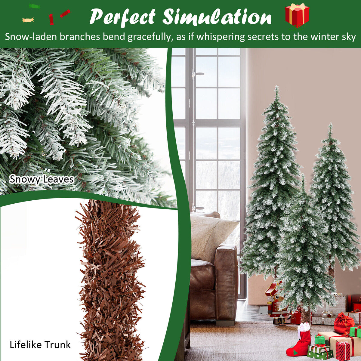 Pre-Lit Christmas Tree Set of 3 - Slim Snowy Artificial Trees with LED Lights - Variation of THIS listing