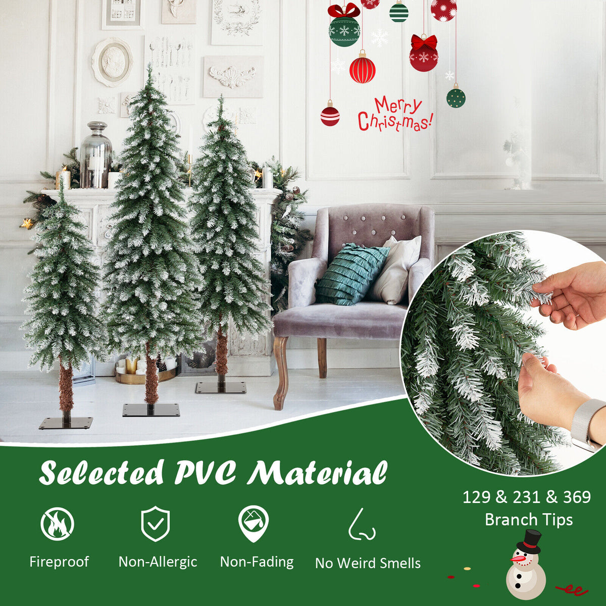 Pre-Lit Christmas Tree Set of 3 - Slim Snowy Artificial Trees with LED Lights - Variation of THIS listing