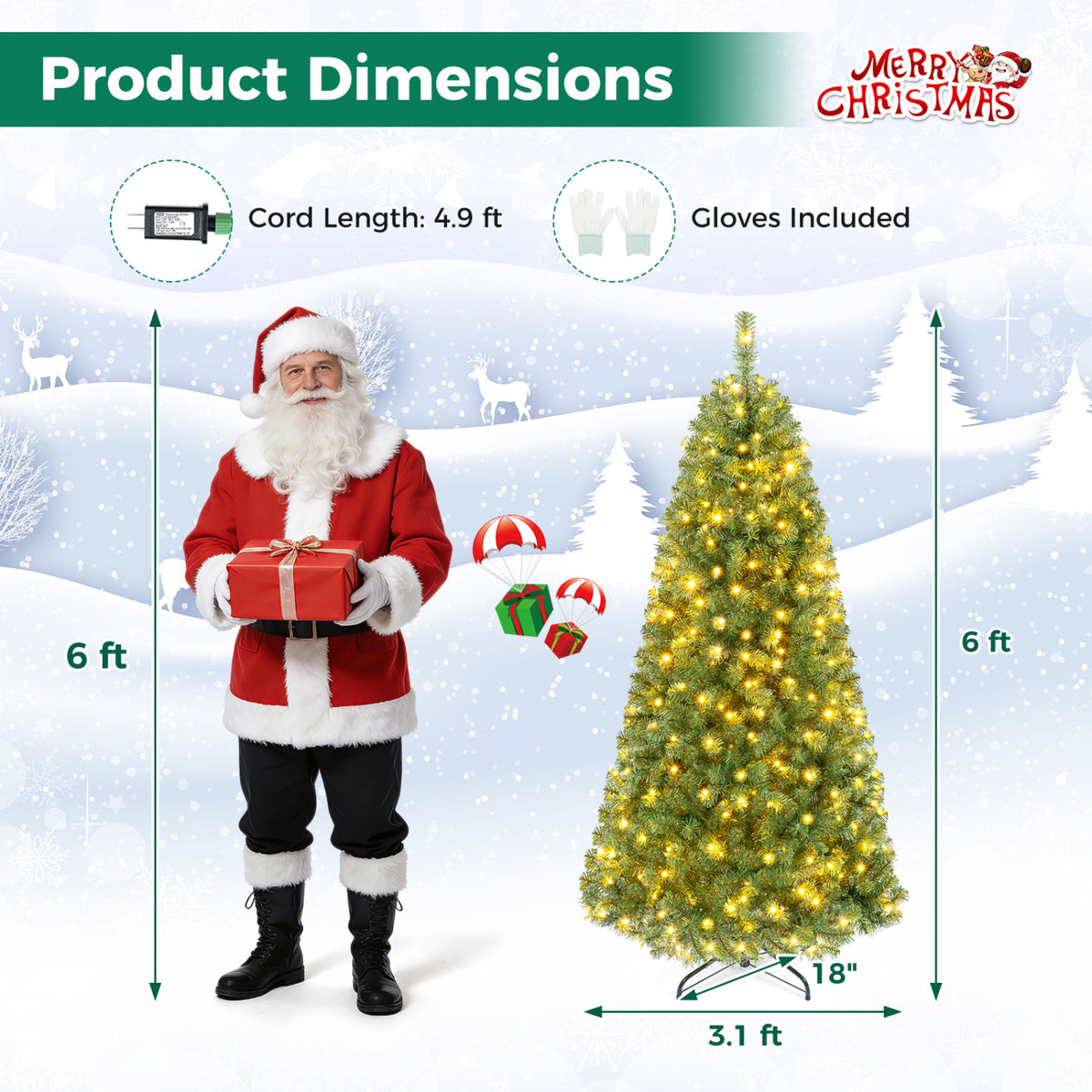 Pre-Lit Green Artificial Christmas Tree with Full Branch Tips - 6 Ft, Multi-Color LED Lights