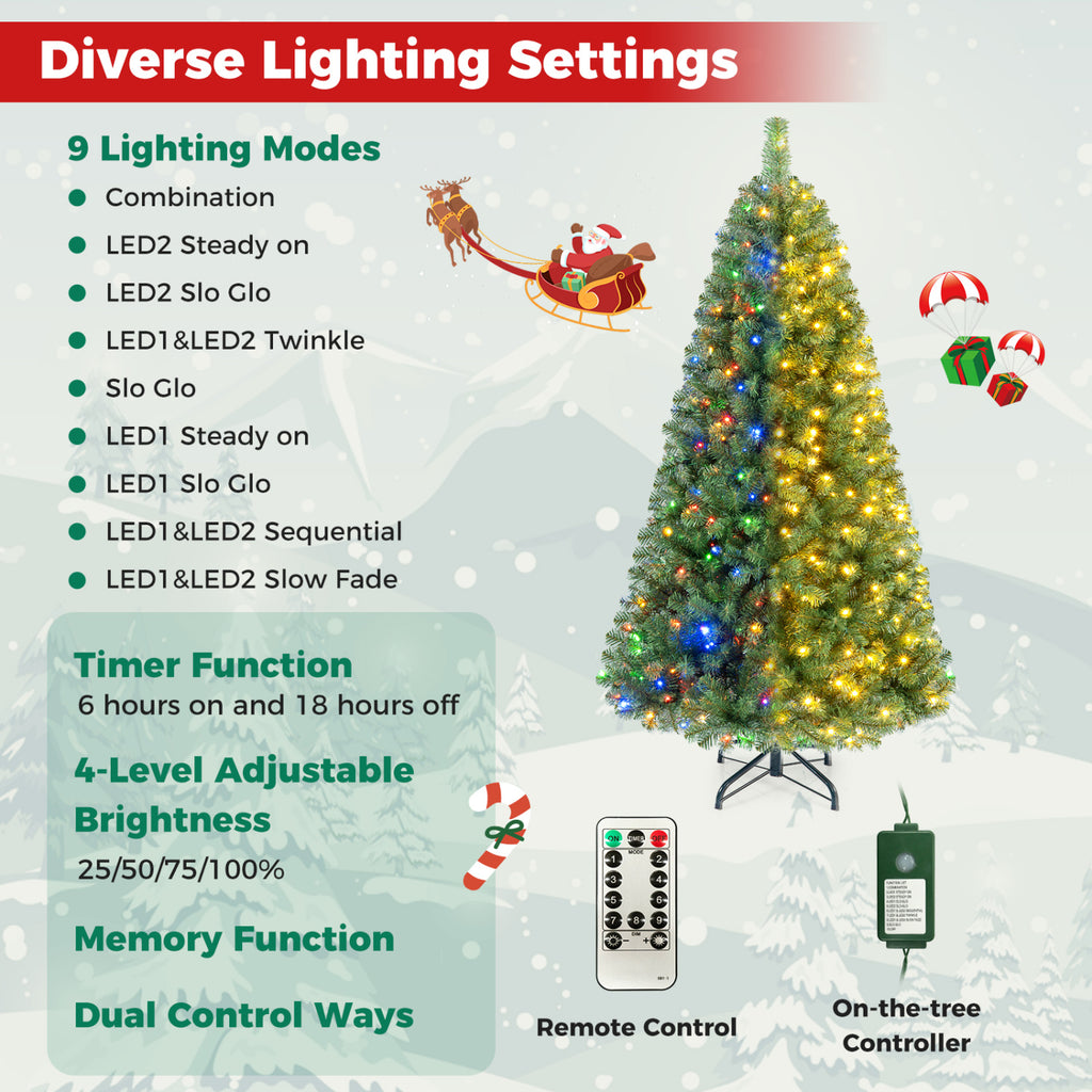 Pre-Lit Green Artificial Christmas Tree with Full Branch Tips - 6 Ft, Multi-Color LED Lights