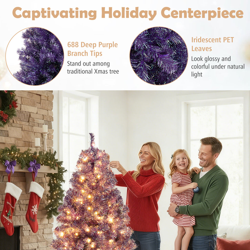 Deep Purple Artificial Christmas Tree with Warm White LED Lights - 6 ft