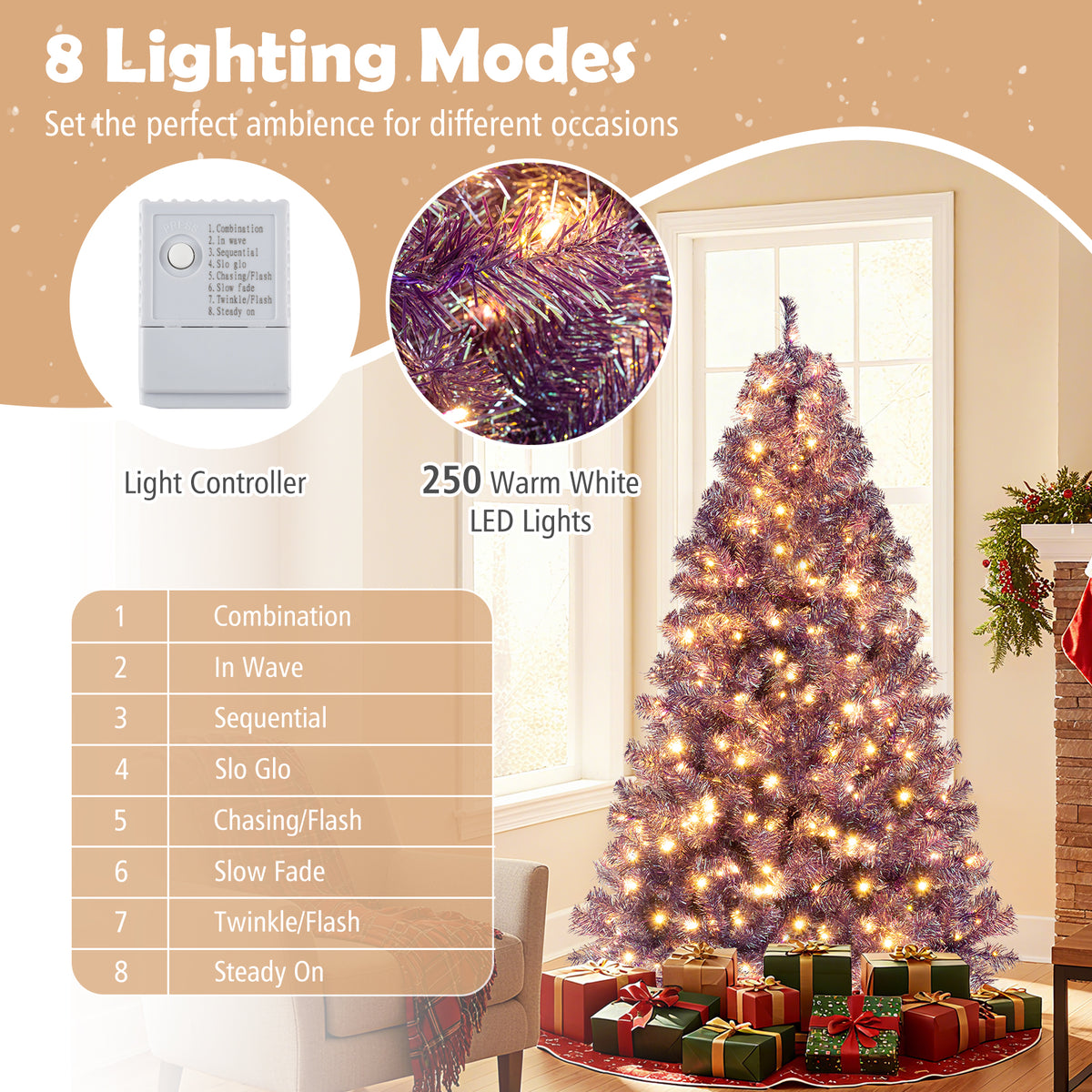 Deep Purple Artificial Christmas Tree with Warm White LED Lights - 6 ft