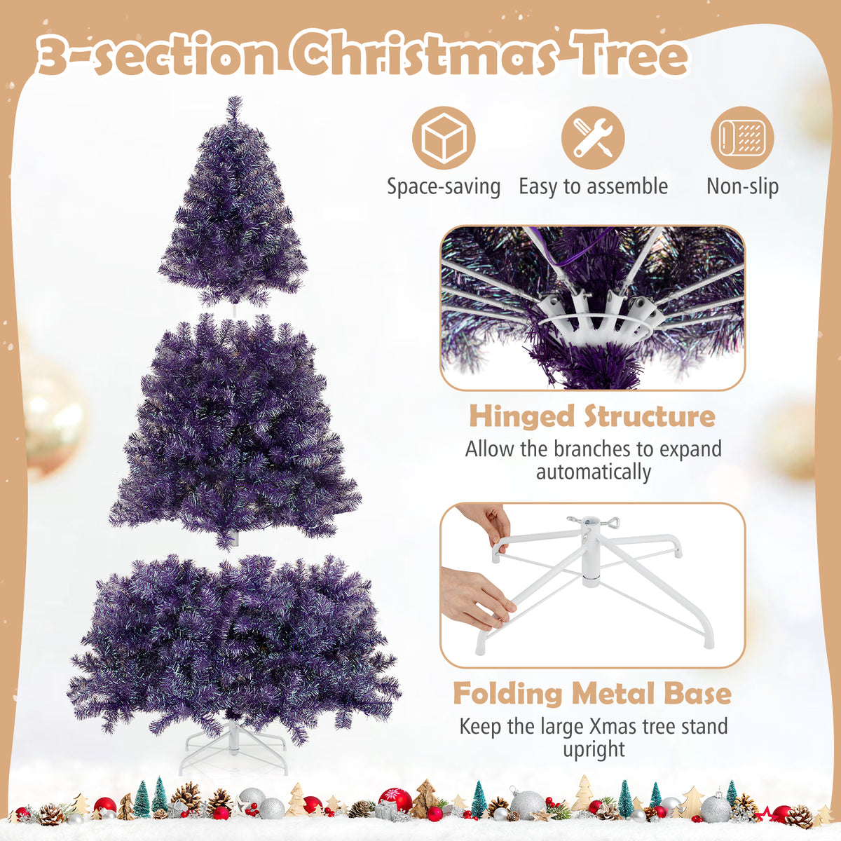 Deep Purple Artificial Christmas Tree with Warm White LED Lights - 6 ft