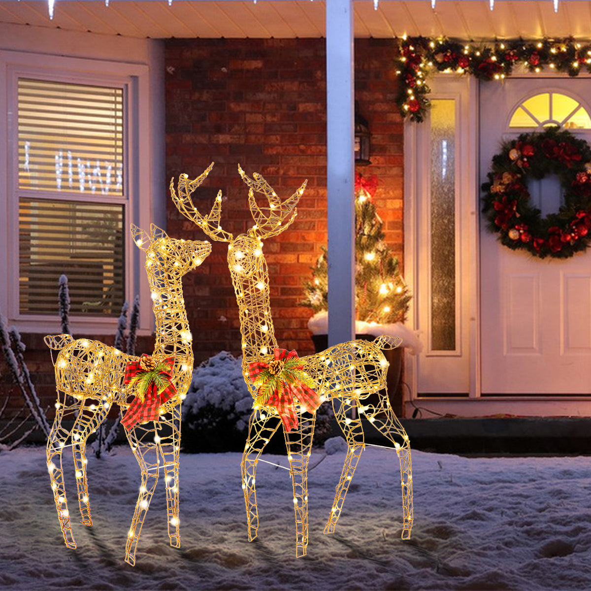 2 Pieces Lighted Reindeer Family Christmas Yard Decor with 200 LED Lights - Outdoor & Indoor Friendly