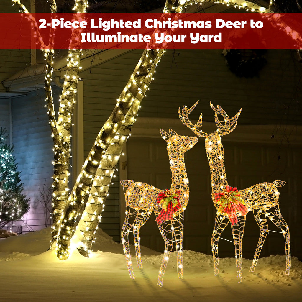 2 Pieces Lighted Reindeer Family Christmas Yard Decor with 200 LED Lights - Outdoor & Indoor Friendly