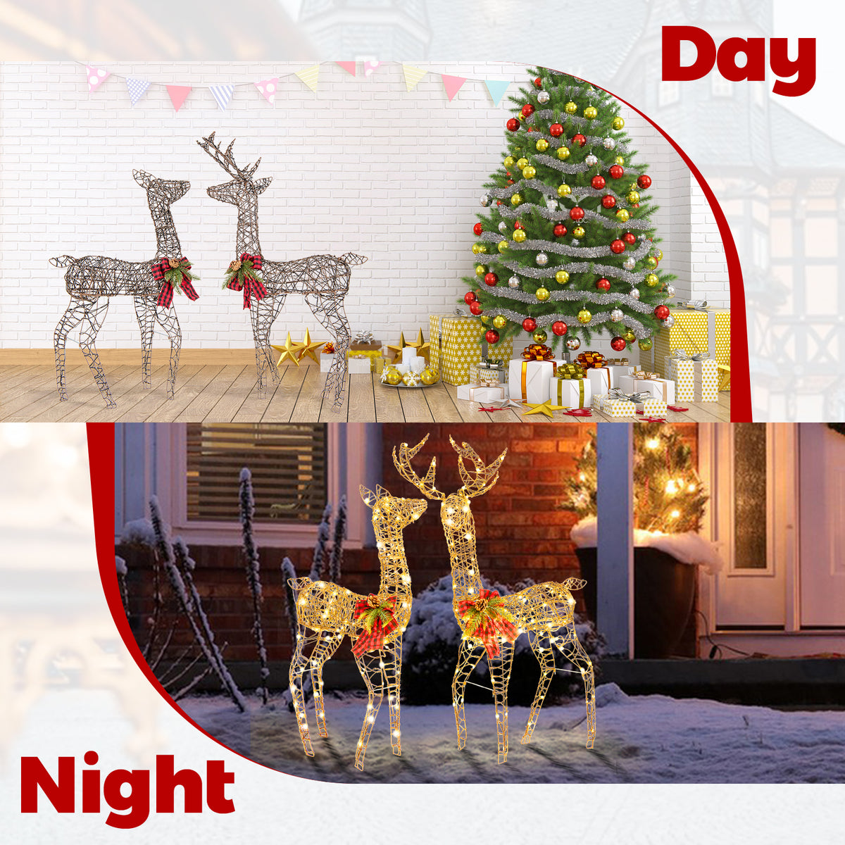 2 Pieces Lighted Reindeer Family Christmas Yard Decor with 200 LED Lights - Outdoor & Indoor Friendly