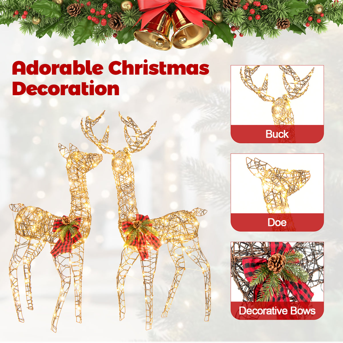 2 Pieces Lighted Reindeer Family Christmas Yard Decor with 200 LED Lights - Outdoor & Indoor Friendly
