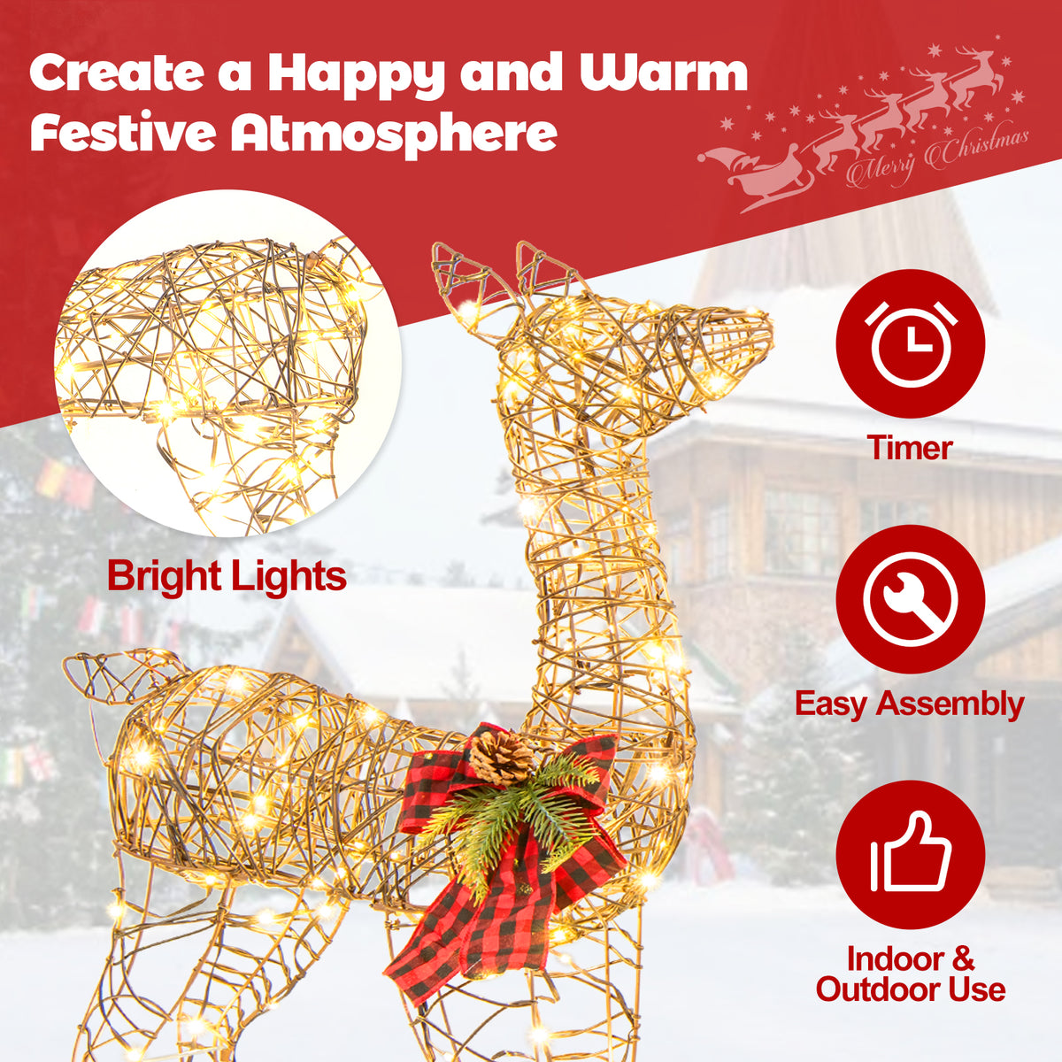2 Pieces Lighted Reindeer Family Christmas Yard Decor with 200 LED Lights - Outdoor & Indoor Friendly