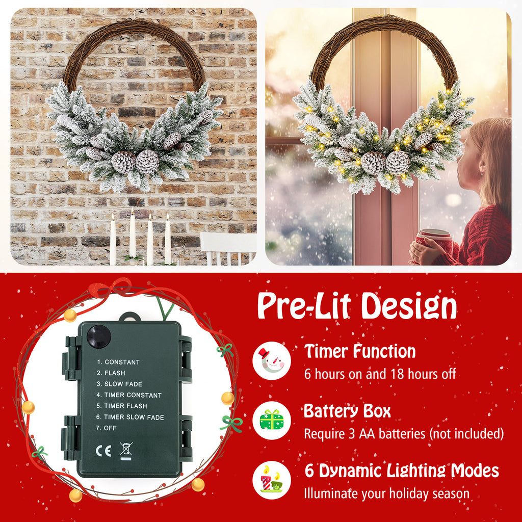 24 Inch Pre-Lit Snow Flocked Artificial Christmas Wreath with Pine Cones & 35 LED Lights