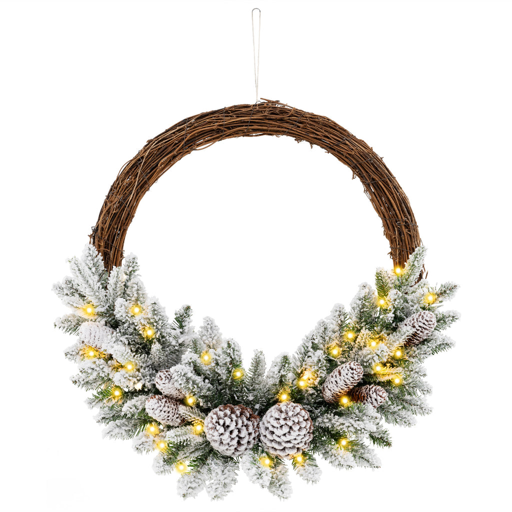 24 Inch Pre-Lit Snow Flocked Artificial Christmas Wreath with Pine Cones & 35 LED Lights