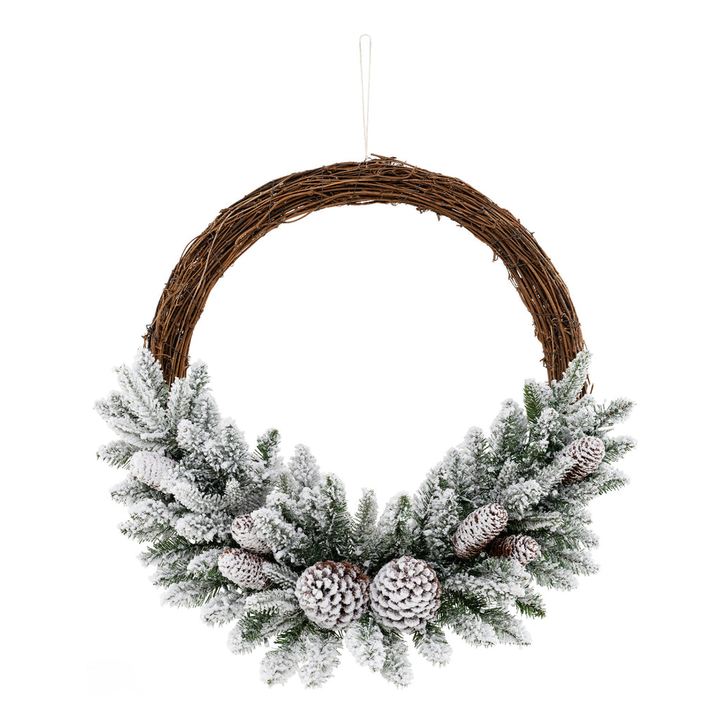 24 Inch Pre-Lit Snow Flocked Artificial Christmas Wreath with Pine Cones & 35 LED Lights