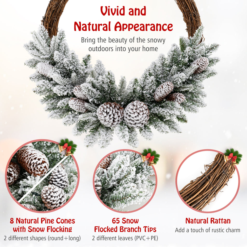 24 Inch Pre-Lit Snow Flocked Artificial Christmas Wreath with Pine Cones & 35 LED Lights