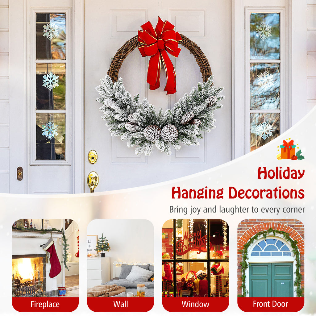 24 Inch Pre-Lit Snow Flocked Artificial Christmas Wreath with Pine Cones & 35 LED Lights