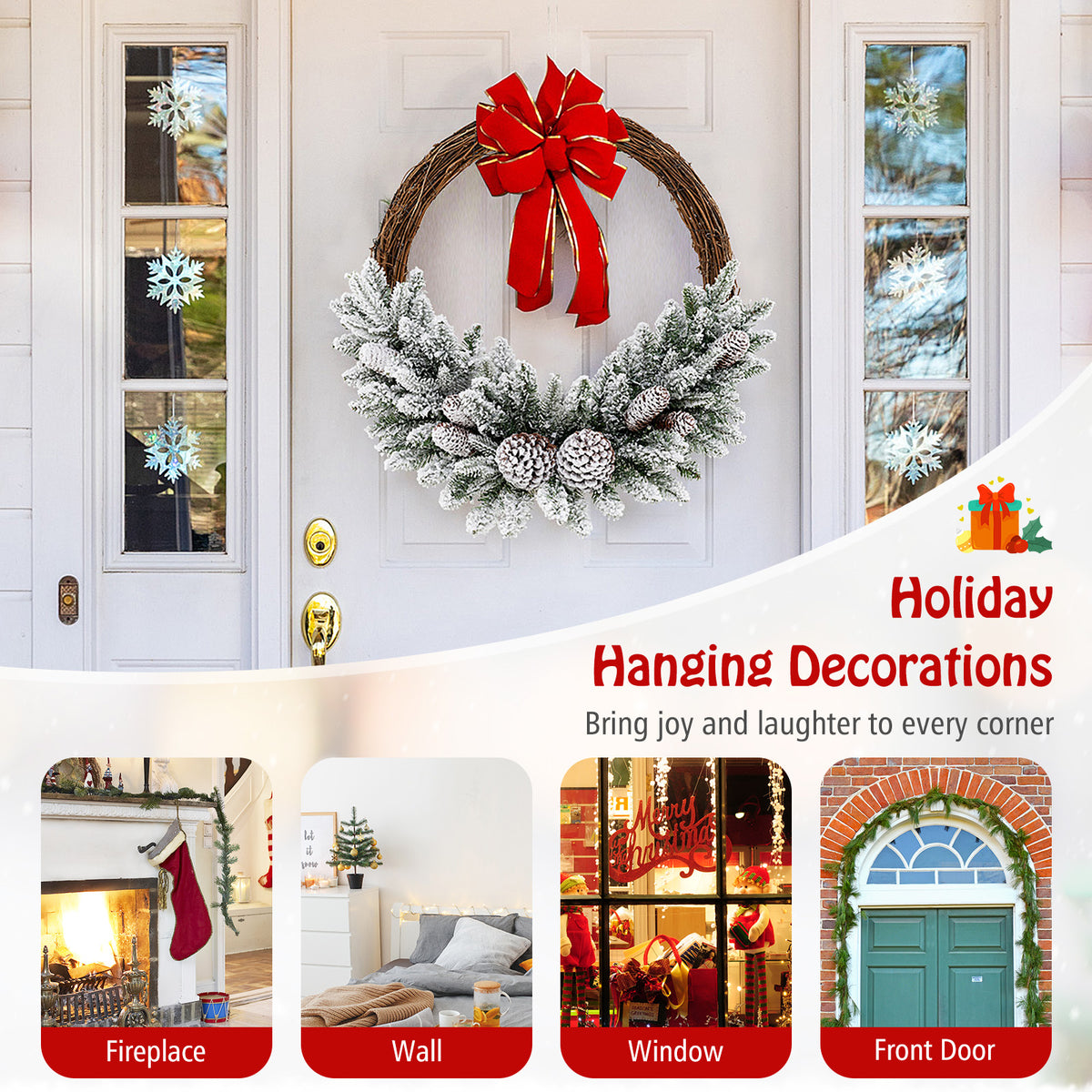 24 Inch Pre-Lit Snow Flocked Artificial Christmas Wreath with Pine Cones & 35 LED Lights