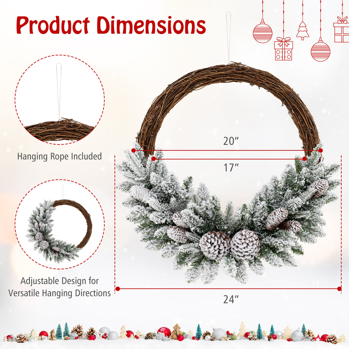 24 Inch Pre-Lit Snow Flocked Artificial Christmas Wreath with Pine Cones & 35 LED Lights
