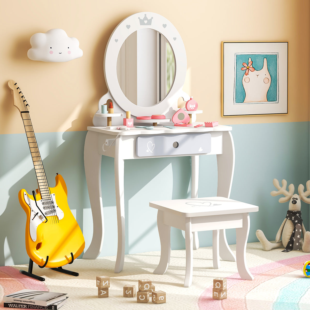 Kids 2-in-1 Princess Makeup Table and Chair Set with Removable Mirror - White
