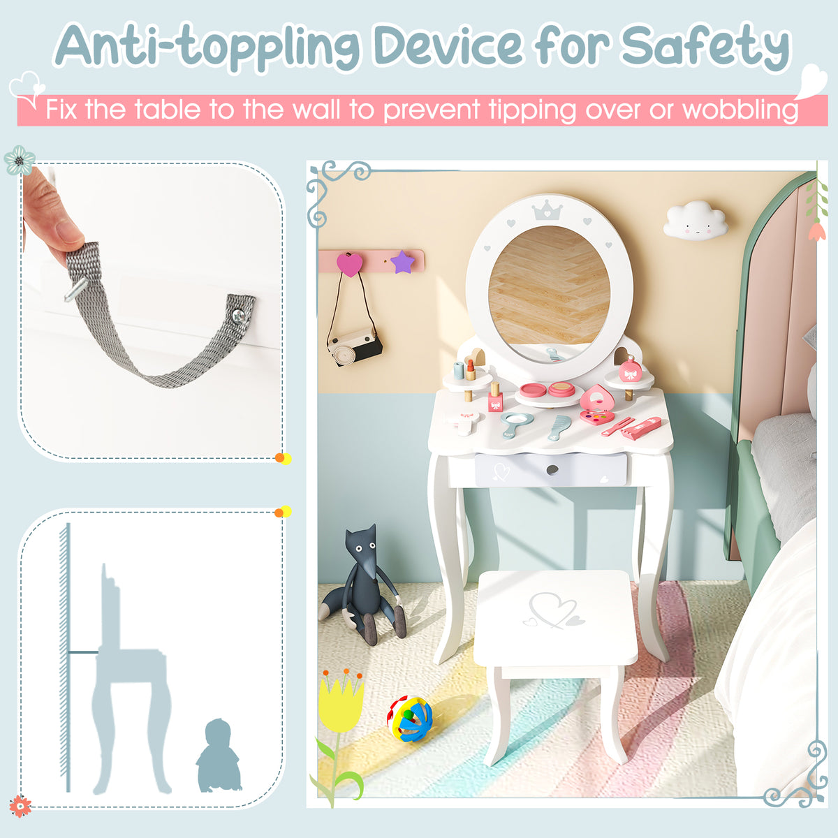 Kids 2-in-1 Princess Makeup Table and Chair Set with Removable Mirror - White
