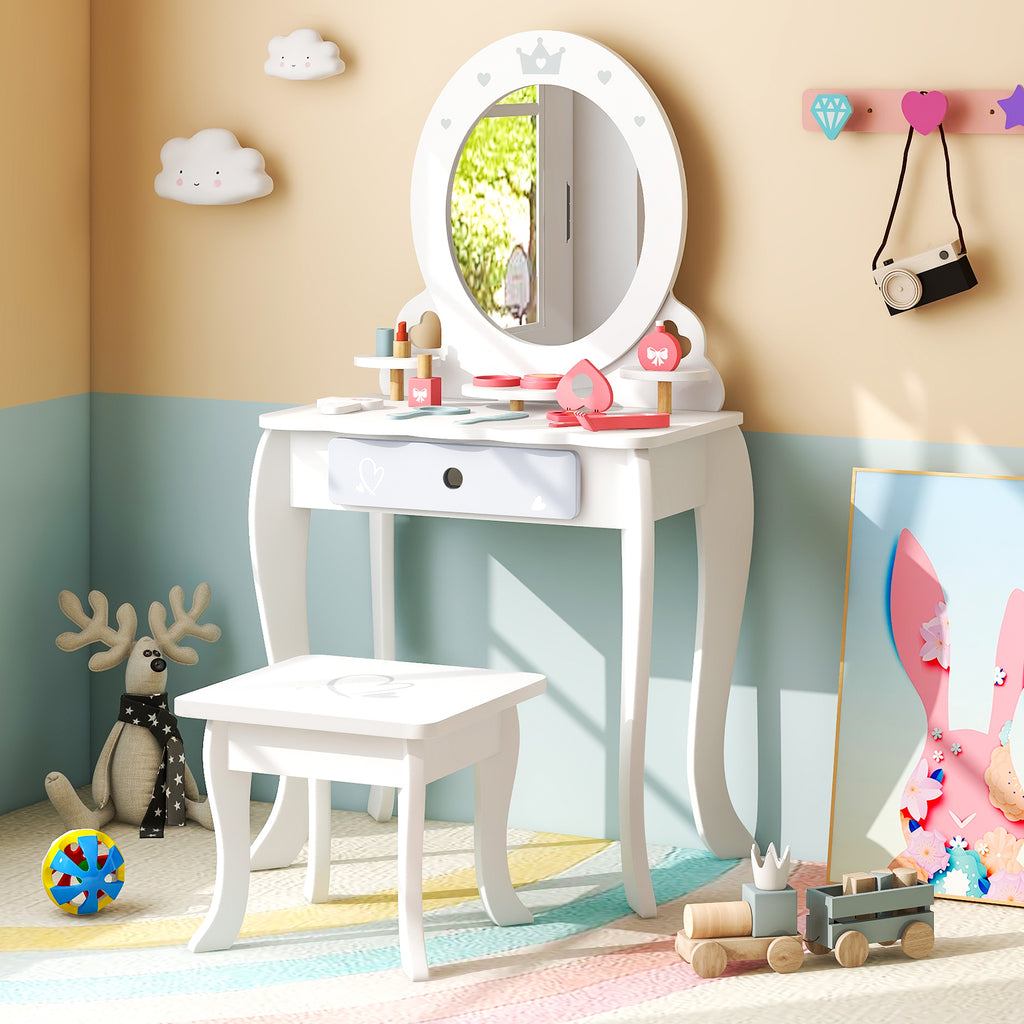 Kids 2-in-1 Princess Makeup Table and Chair Set with Removable Mirror - White