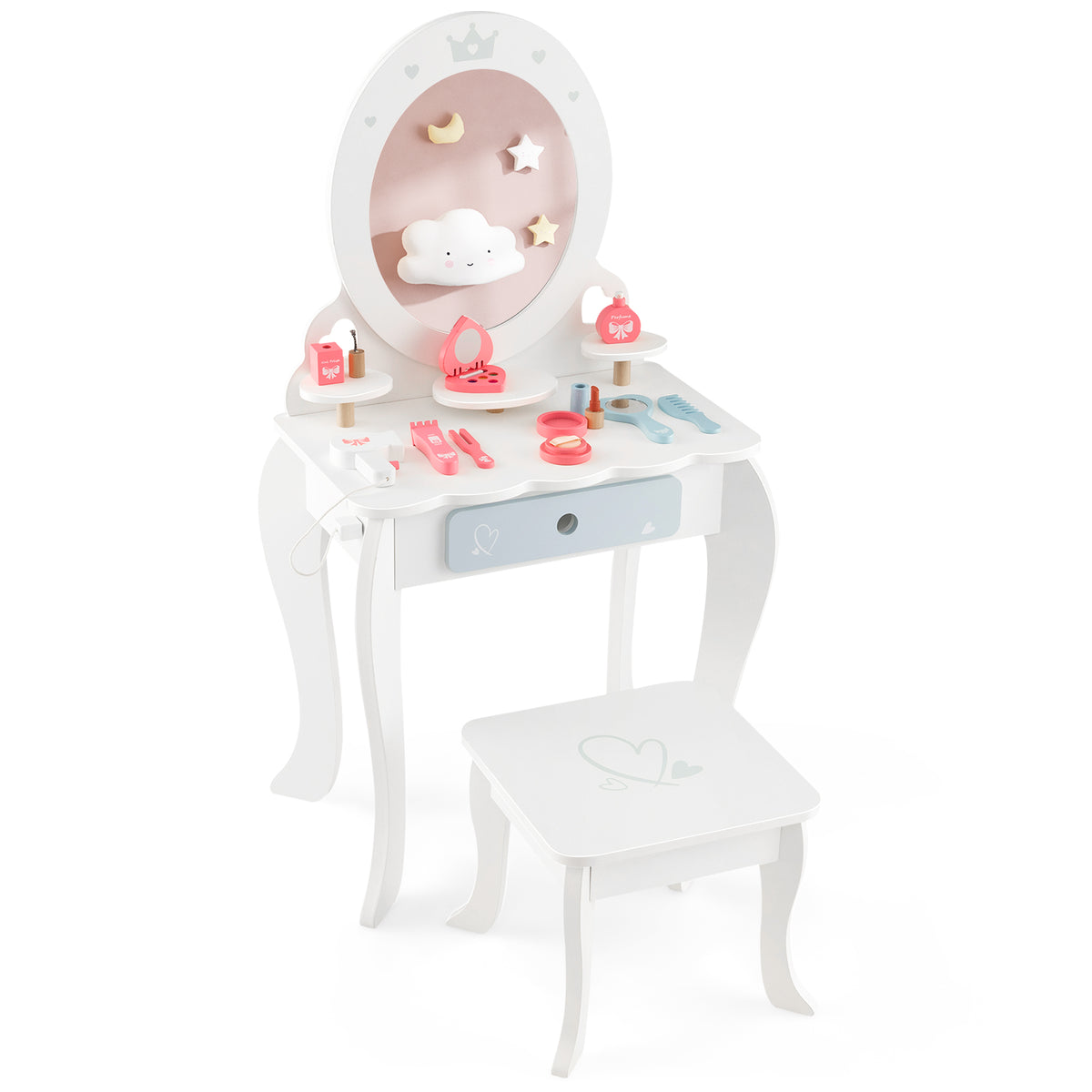 Kids 2-in-1 Princess Makeup Table and Chair Set with Removable Mirror - White