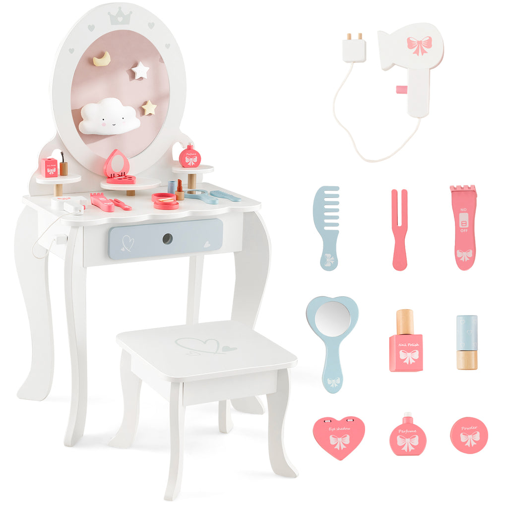 Kids 2-in-1 Princess Makeup Table and Chair Set with Removable Mirror - White