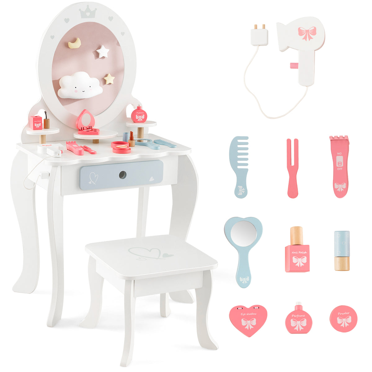 Kids 2-in-1 Princess Makeup Table and Chair Set with Removable Mirror - White