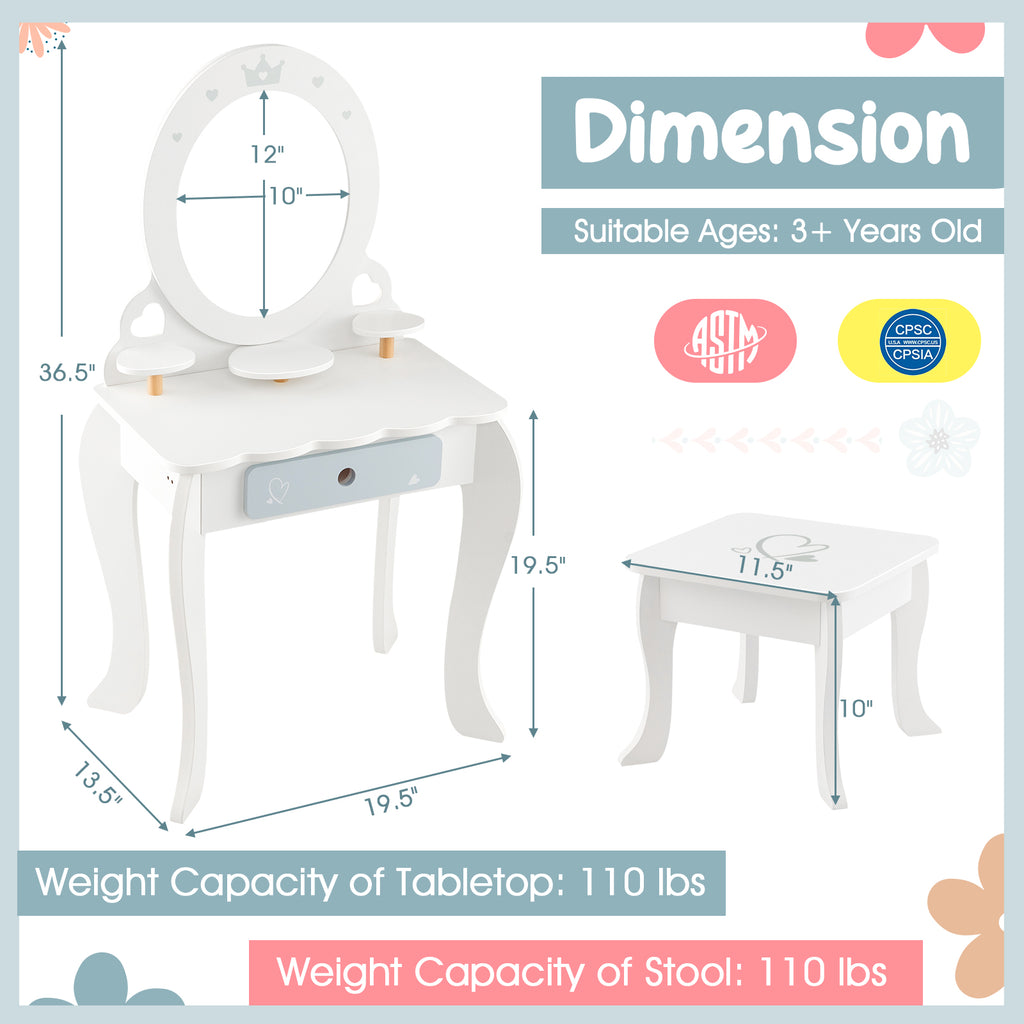 Kids 2-in-1 Princess Makeup Table and Chair Set with Removable Mirror - White