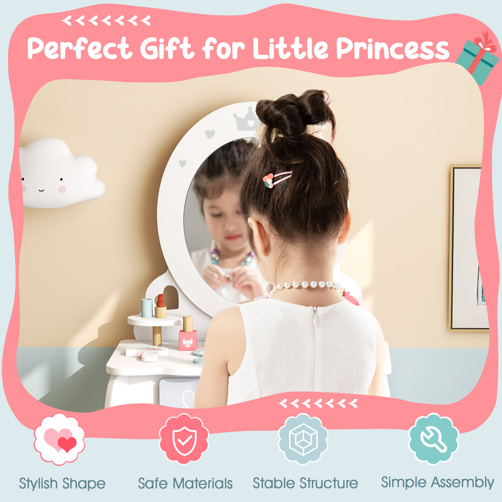 Kids 2-in-1 Princess Makeup Table and Chair Set with Removable Mirror - White