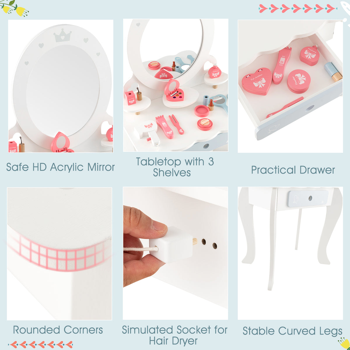Kids 2-in-1 Princess Makeup Table and Chair Set with Removable Mirror - White