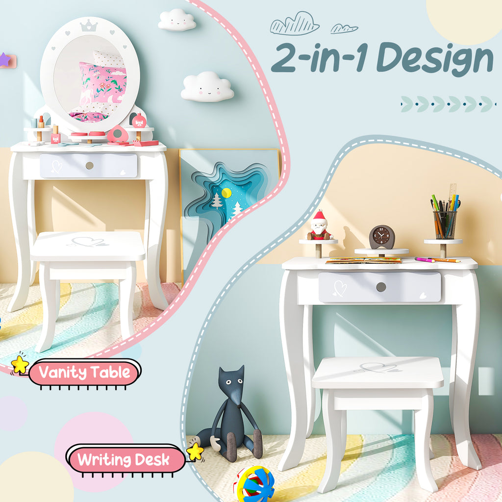 Kids 2-in-1 Princess Makeup Table and Chair Set with Removable Mirror - White