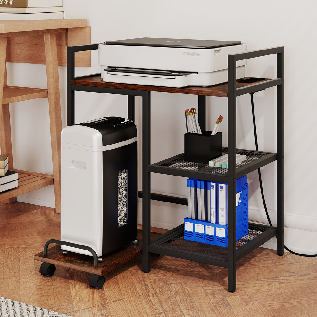 Printer Stand with Charging Station and Storage Shelves - Rustic Brown