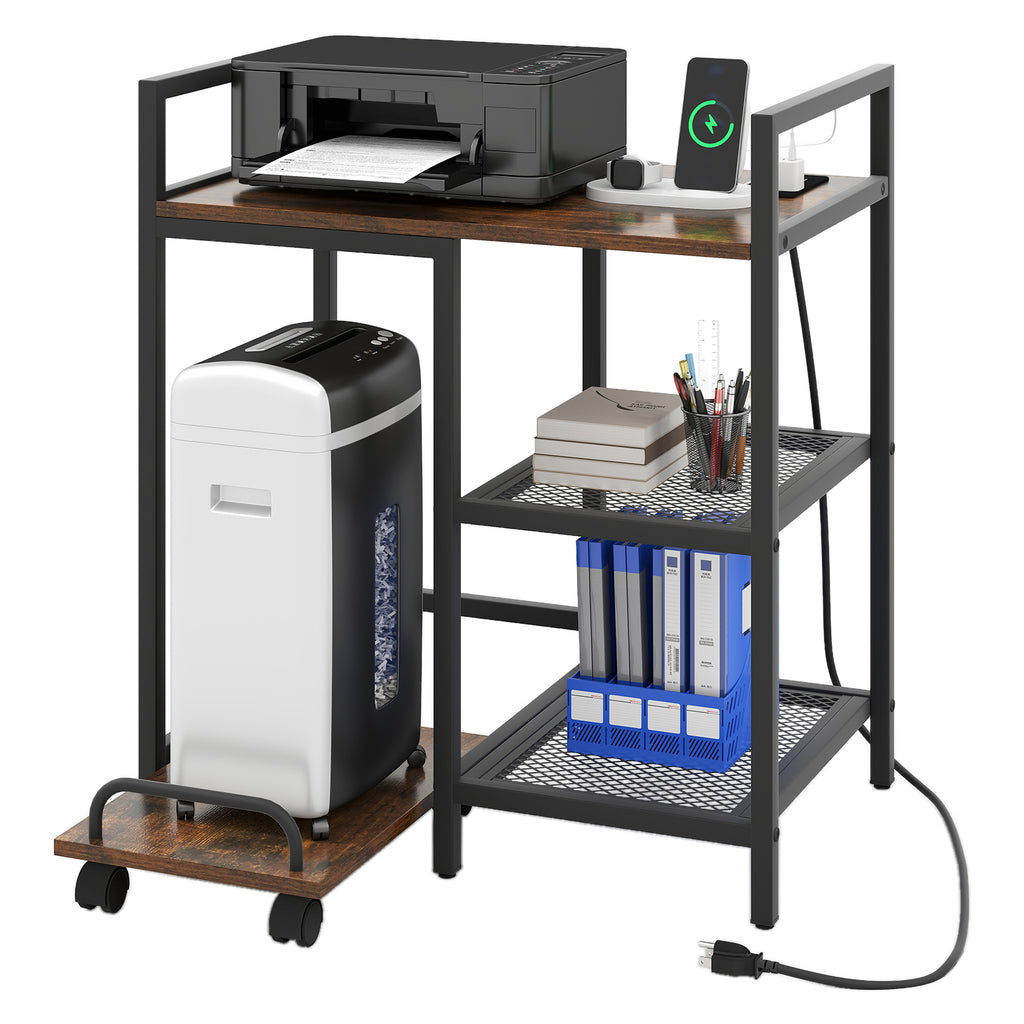 Printer Stand with Charging Station and Storage Shelves - Rustic Brown