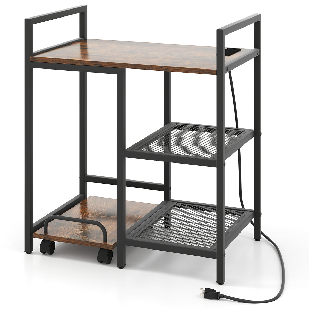 Printer Stand with Charging Station and Storage Shelves - Rustic Brown